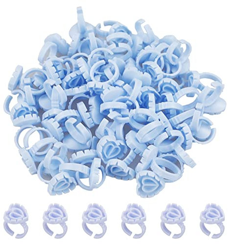 100 Pcs Disposable Glue Ring Cups, Blue Plastic Makeup Holder for Eyelash Extension Lashes, Quick Blossom Cups