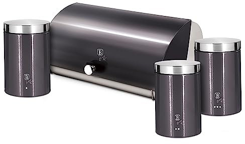 Berlinger Haus Carbon Pro Set Boîte à pain de table + Set de 3 pots de cuisine en acier inoxydable pour ranger le pain et les pâtisseries, couvercle coulissant, boîte Bread Box, gris/inox