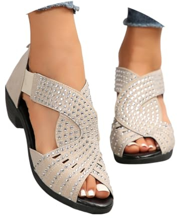 Onsoyours Sandales à Talons Blocs Femme Été Strass Brillants Sandales Plateforme Poisson Bouche Boho Elégant Confort pour Plage Soirée Mariage Chaussure B Beige 39 EU