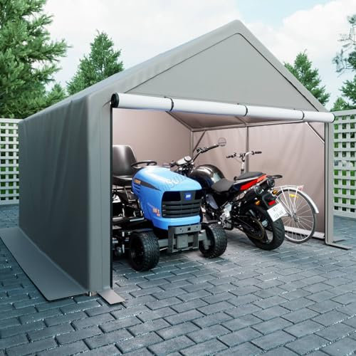 BIRCHTREE Outdoor Garden Storage Tent Bike Motorcycle Carport Shed Shelter Steel Frame Zipper Door Waterproof Cover Dark Grey 10x10FT