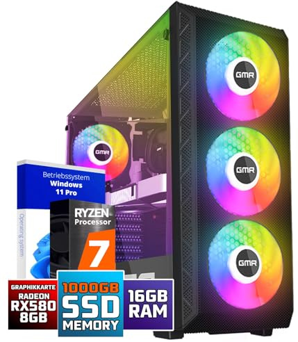 GMR Power Gaming PC - Ryzen 7 für Gamer | 3 Jahre Garantie | 16 GB RAM | 1000GB SSD | RX 580 Radeon | USB 3 | Windows 11 Prof | WiFi & Bluetooth