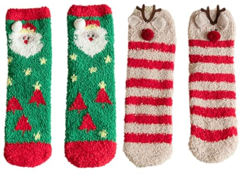 2 Pièces Snug Chaussettes, Chaussettes Femme Cadeau Noël, Styles d'élan et de père Noël, Moelleuses Cadeaux de Noël Hiver Chaussettes Thermiques Confortables Chaussettes de Lit Chaudes Mignonnes