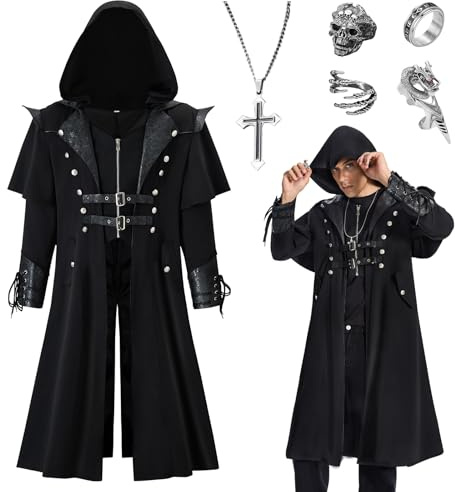 BuzzoXerex Costume SteampunkUomo, Vestito Gotico, Giacca Gotica Rinascimentale Vittoriana Set con Collane, Anelli, Cappotto Medievale Uomo per Vestito Carnevale Cosplay (L)