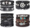 Azttior 20 Stück Herren Lederarmband Set, Geflochtene Armbänder mit Totenkopf, Punk, Vintage und Boho Design, Einstellbare Armbänder aus Leder, Schwarz und Braun, Unisex Armband Set für Männe & Frauen