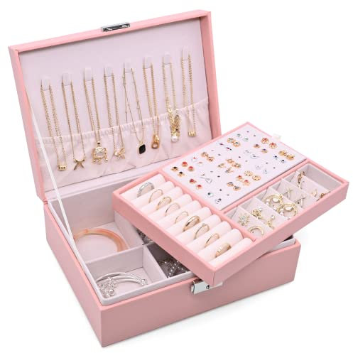 Sciphylia Porta Gioielli Donna 2 Strati Grande Portagioie Donna con Vassoio Rimovibile Impermeabile Pelle Pu Portagioie da Viaggio con Serratura Ragazza per Anelli Orecchini Collane Bracciali, Rosa