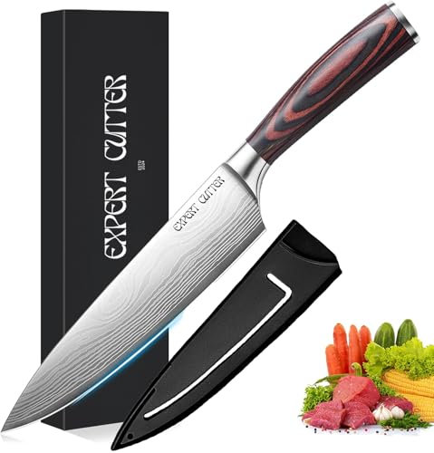 EXPERT CUTTER Chef Knife, Kitchen Knife 8 inch Professional, Ultra Sharp with Long Lasting Blade, High Carbon Stainless Steel Chopping, Carving Knife Brown Pakkawood Handle with Gift Box