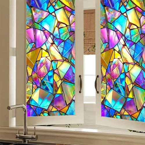 BlissYard Stained Glass Window Colorful Geometry Window Privacy Film Stained Decals Static Cling Sun Blocking Decor for Home Office Windows Doors Glass Partitions 17.7 L x 39.3 W