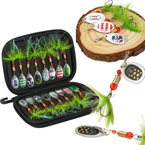 JasCherry Kit señuelos Pesca giratorios con Lentejuelas, cebos Pesca Metal giratorios realistas, Juego crankbaits, anzuelos triples Afilados, Juego 16 Accesorios con Caja Almacenamiento