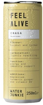 WaterJunkie FEEL ALIVE | Chaga Infused Sparkling Functional Mushroom Drink | Coconut & Lychee | 12x250ml