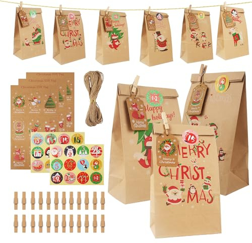 ACOMTUO Calendario dell’Avvento Fai Da Te, 24 Calendario dell'Avvento da Riempire con Adesivi e Mollette in Legno, Sacchetti di Carta Calendario di Natale 2025 per Bambini Donna Uomo