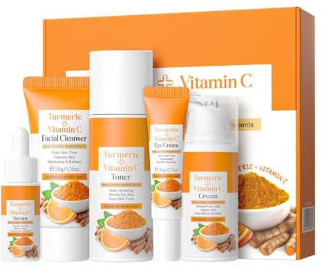 Set per la cura della pelle alla curcuma, set regalo per donne e ragazze, 5 pezzi, kit di routine per la cura della pelle del viso alla curcuma, toner, siero, siero per gli occhi, crema