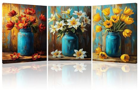PIY PAINTING 3Pcs Vintage Quadro Su Tela Stampa, Fiori In Un Vaso Quadri Moderni Soggiorno Con Cornice, Disegno Su Tela Canvas, Quadro Decorazione Murale Camera Da Letto Bagno Ufficio 30X40Cm