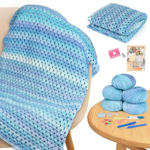 Aeelike Kit de manta de ganchillo para principiantes, kit de manta de ganchillo súper fácil con hilos degradados suaves y coloridos, tutoriales detallados en video, accesorios de ganchillo, degradado