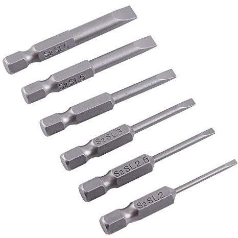 ASHATA 6 Piezas Destornillador de Punta Ranurad, 50 mm 1/4 Pulgada Vástago Hexagonal Punta Plana Punta de Destornillador de Acero de Aleación S2 de 2.0 mm / 2.5 mm / 3 mm / 4 mm / 5 mm / 6 mm