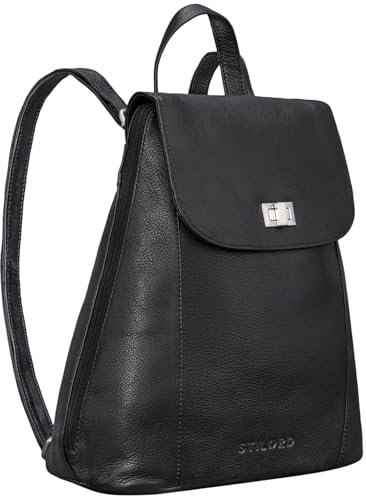 STILORD 'Victoria' Lederrucksack Damen Schwarz Vintage Rucksack für 13,3 Zoll MacBook DIN A4 Elegante Rucksackhandtasche für City Ausgehen Shopping Daypack