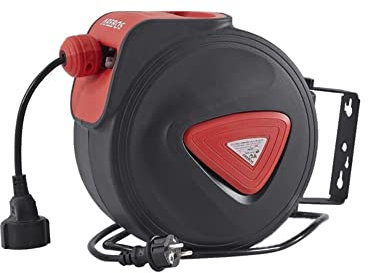 Arebos 20 m + 1,5 m Enrouleur de câble électrique automatique à ressort | avec support de fixation au mur | Pivotant sur le côté à 180° | Matériel de montage inclus