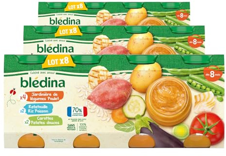 Blédina Petits Pots pour bébé, Dès 8 Mois, Légumes Poulet / Ratatouille Riz Colin / Carotte Patate Douce, 24x200g (3 packs)