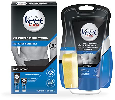 Veet Men Kit Crema Depilatoria per parti Intime 100ml + Veet Men Crema Depilatoria Uomo Sotto la Doccia, Pelli Sensibili 150 ml, Azione Rapida