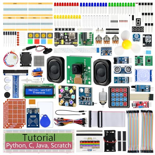 Freenove Complete Starter Kit for Raspberry Pi 5 4 B 3 B+ 500 Zero 2 W, 1170-Page Tutorial, Python C Java Scratch Processing Code, 386 Items, 164 Projects, Camera Speaker (Raspberry Pi NOT Included)