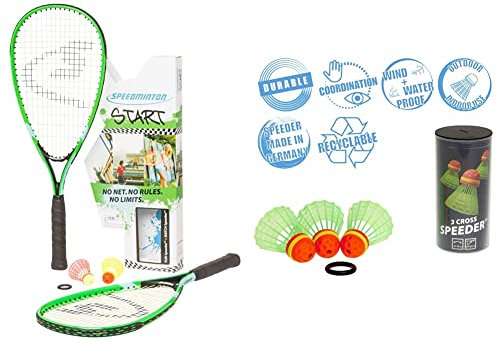 Speedminton 400051 Unisex Start - Original Speed Badminton/Crossminton Starter Inklusive 2 Speeder Badminton Set, Grün/Blau/Schwarz & Sport 3er Speeder Cross Tube Speedminton Bälle, Rot/Grün