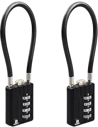 RESET-204 Cadenas câble à code 4 chiffres de 18 cm, Ø 5 mm, antivol compact pour voyage, casier, valise, sac à dos, casque, poussette, armoire, tente, noir, 2 pièce