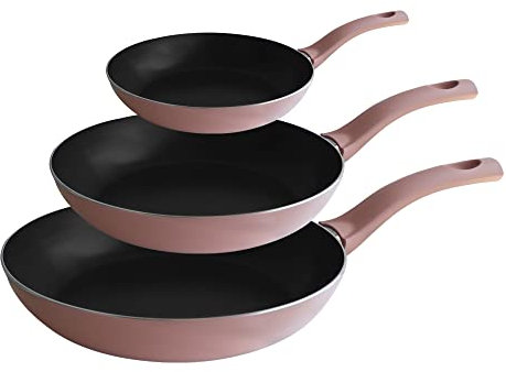 PINTINOX Prima Collection Set 3 Padelle in Alluminio Portofino, antiaderente a 5 strati, manico anti-scottatura, 20, 24 e 28 CM, Rosa Tramonto. Adatte a tutti i fuochi tranne l'induzione