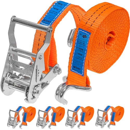 INTAKO - Cinchas de Amarre Carraca - 6m 2000kg 35mm - 4 Piezas - Eslingas de Carga - Cinta de Amarre con Trinquete - Conforme a la Norma DIN EN 12195-2 TUV GS - Naranja