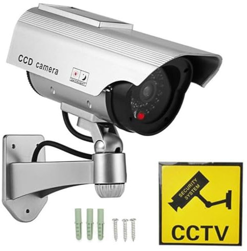 TronicXL Solar Panel Kamera Dummy CCTV mit blinkeder LED Silber I CCD Überwachungskamera Attrappe Fake Innen & Aussenbereich I Kameraattrappe + Warnaufkleber
