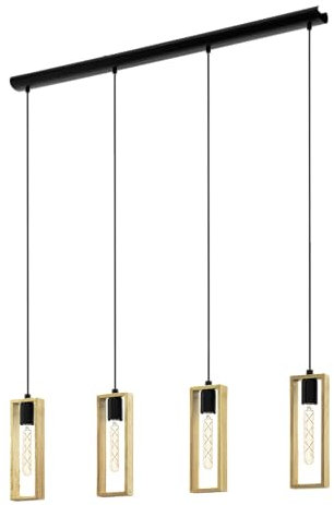 EGLO Pendellampe Littleton, 4 flammige Vintage Pendelleuchte im Industrial Design, Retro Hängelampe aus Stahl und Holz, Farbe Schwarz, braun, Fassung E27, FSC Zertifiziert