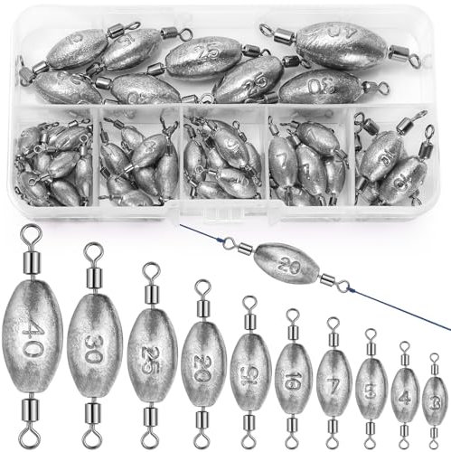 Annyswit 25/45 Stück Olivenform Angelblei mit Karabiner Wirbel Angeln Forelle Set 6/10 Größen Solid Ringe Angelgewichte 3g 4g 5g 7g 8g 10g 15g 20g 25g 30g 40g Fishing Birnenblei Sinker Blei