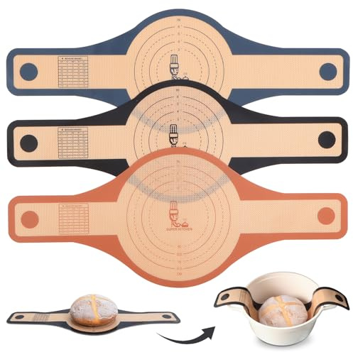 SUPER KITCHEN 3PCS 2-Storlekar Silikon Bröd Sling för Holländsk Ugn | Extra Breda och Långa Handtag, Non Stick Surdegs Sling Återanvändbar Bakmatta (Svart, Mörkgrå, Brun)