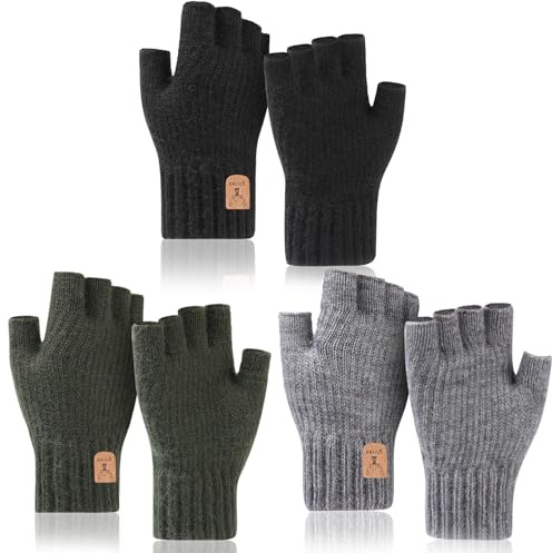 Zuimei 3 Pair Fingerless Gloves for Men, Half Finger Thermal Winter Thick Knitted Soft Warm Gloves for Outdoor Working, Running, Biking, Driving, Size L, Black,Army Green,Grey