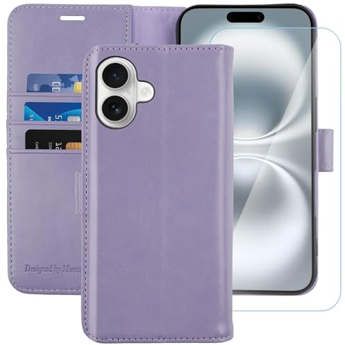 MONASAY for iPhone 16 5G wallet case,[Glass Screen Protector Included] [RFID Blocking] Flip Folio Leather Cell Phone Cover with Credit Card Holder, 6.1-inch, Lavenders