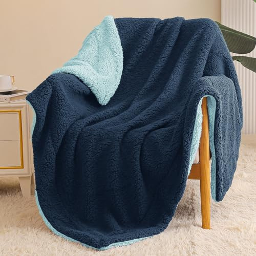 Exclusivo Mezcla Manta Polar Mullido, Gruesa y Reversible, para Cama y Sofá, Cálida y Suave, Todas Las Estaciones, 130x150 cm, Azul Marino/Azul Claro