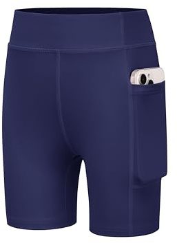 Arshiner flickor shorts sportleggings barn cykelshorts hög midja tights gym shorts med ficka 5-12 år, Mörkblått, 9-10 År