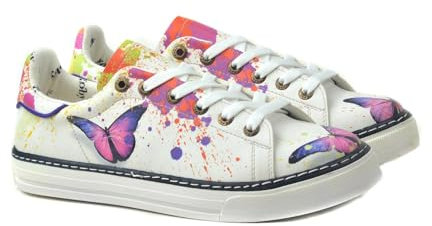 GOBY Damen Vegan-Leder Sneaker – Langlebige, lebendige Mehrfarbendrucke – Handgefertigter Freizeitschuh – Bequem mit weicher Polsterinnensohle - Butterfly Splash