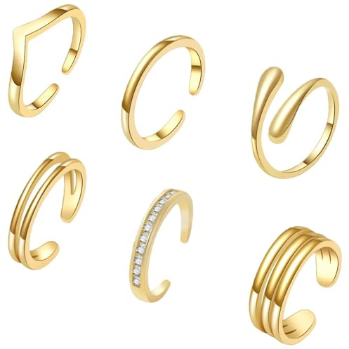 CHTRYTOM 6PCS Toe Rings for Women 18K Gold Silver Toe Ring Set Adjustable Non Tarnish Band Simple Beach Foot Jewelry for Summer