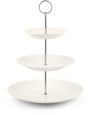 H&H Alzata 3 Piani in New Bone China Forma Coupe Avorio – Diametri 27, 21, 19 cm – Manico Cromato – Elegante Espositore per Dolci e Finger Food