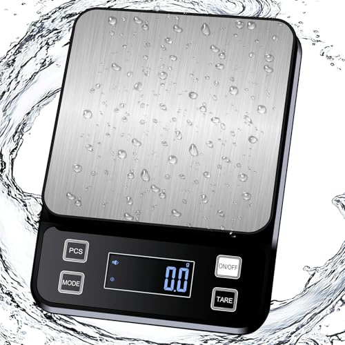 Howeifull Báscula de cocina impermeable IPX67, 10 kg, báscula de cocina digital, alta precisión, 0,1 g, con 10 unidades y plataforma de pesaje de acero inoxidable, USB C recargable, báscula digital