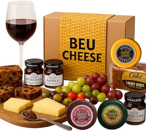 Cheese Hampers Gift Set - 3x Cheeses Truckle Selection, Chutney, Fruitcake and Card - Cheeseboard Gift Set, Christmas Hampers, Cheese Selection Box, Food Gifts for Men & Women