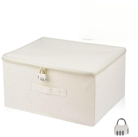 Chingcoo Scatola richiudibile, con serratura, scatola portaoggetti in tessuto con coperchio, scatola richiudibile, per giocattoli (beige, 40 x 30 x 21 cm)