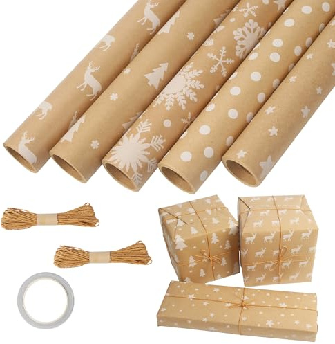 5 Rollo Papel Kraft Decorado, 43cm*3m, Papel de Regalo Navidad, Clásico Rollos de Papel para Envolver Regalos, con Cinta de Doble Cara, para Cumpleaños, Decoraciones de Regalos de Festivales