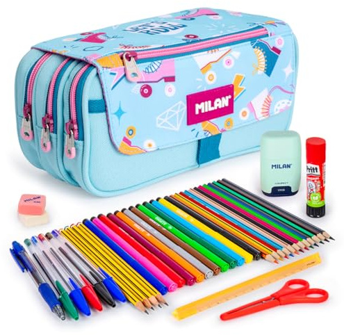 ColePack Pro - Lote de Estuche Portatodo Triple con 4 Cremalleras y Material Escolar de Primeras Marcas Incluido (Roller)