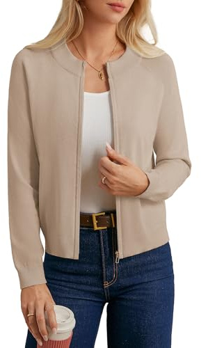 GRACE KARIN Women's Zip Cardigan Casual Knitted Jacket Sweater with Pockets | Raglan Long Sleeve Autumn Winter Cardigans Crew Neck Lightweight Stretch Ribbed Cardigans Office Casual Sweater Jacket