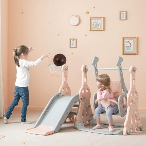 LIVLUX Tobogán infantil 4 en 1 con columpio, cesta de baloncesto y escalera de escalada, para zona de juegos interior y exterior. (Rosa B)