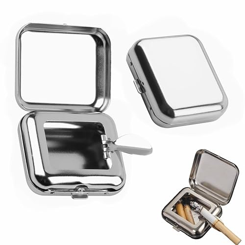 HYMC 2pcs Portable Ashtray Pocket Ashtray with Lid - Stainless Steel Odour-Proof Cigarette Butt Box for Outdoors Travel Camping Car Bar