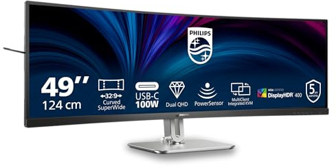 Philips 49B2U5900C - 49 Zoll DQHD Curved Monitor, RJ45, höhenverstellbar, Lautsprecher, HDR400 (5120x1440, 75 Hz, 2X HDMI 2.0, DisplayPort 1.4, USB-C, USB Hub) dunkel grau