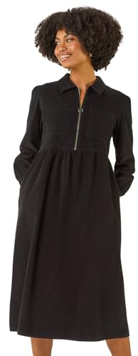 Roman Originals Corduroy Zip Detail Midi Dress for Women UK - Ladies Everyday Autumn Winter Collared Neckline Comfy Soft Evening Vacation Work Party Night Out - Black - Size 18