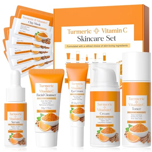 Set Curcuma e Vitamina C Skincare Viso Completo, Skincare Kit con Detergente, Tonico, Siero, Crema Occhi, Crema Viso e Maschera Argilla Viso, Set Regalo Skin Care per Donna