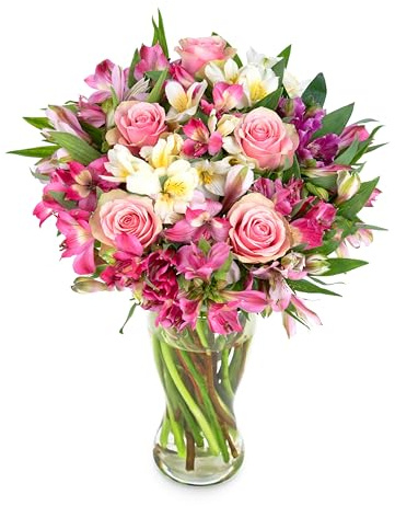 Peruvian Lily and Belle Rose's - Medium Fresh Flower Bouquet with Vase | Birthdays, Anniversaries, Thank You Gifts, Thinking of You, Delivered in Bud and Blooms in 48-72 Hours
